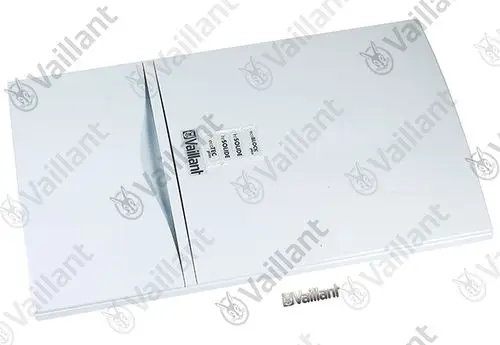 Weißes Gehäuse mit gekanteten Kanten und Vaillant-Logo, das möglicherweise Teil eines Heizsystems ist, möglicherweise zur Abdeckung oder als Verkleidung.